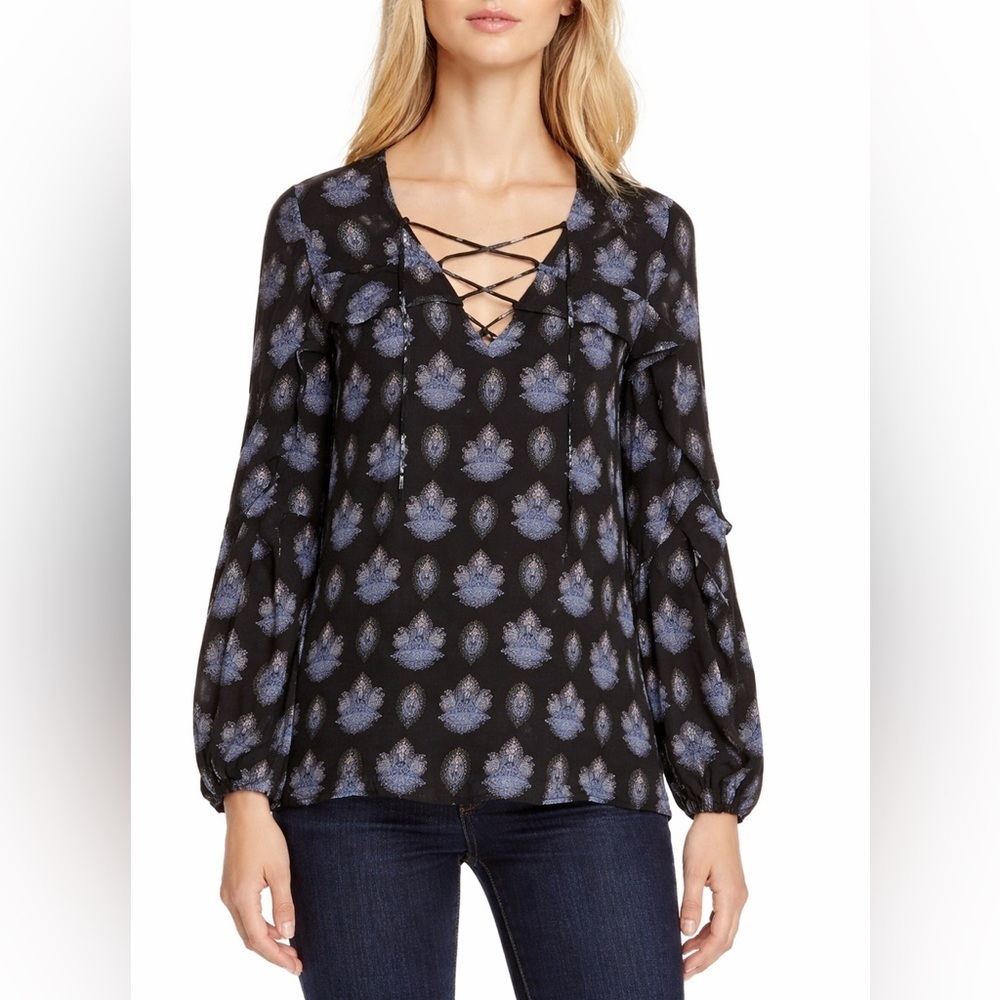 Kobi Halperin 100% Silk Blouse Top Women's Size XS Long Sleeve Boho Lace Up